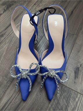 ZARA Blue Satin Rhinestone Bow Slingback Heels Pointed Toe Size 39